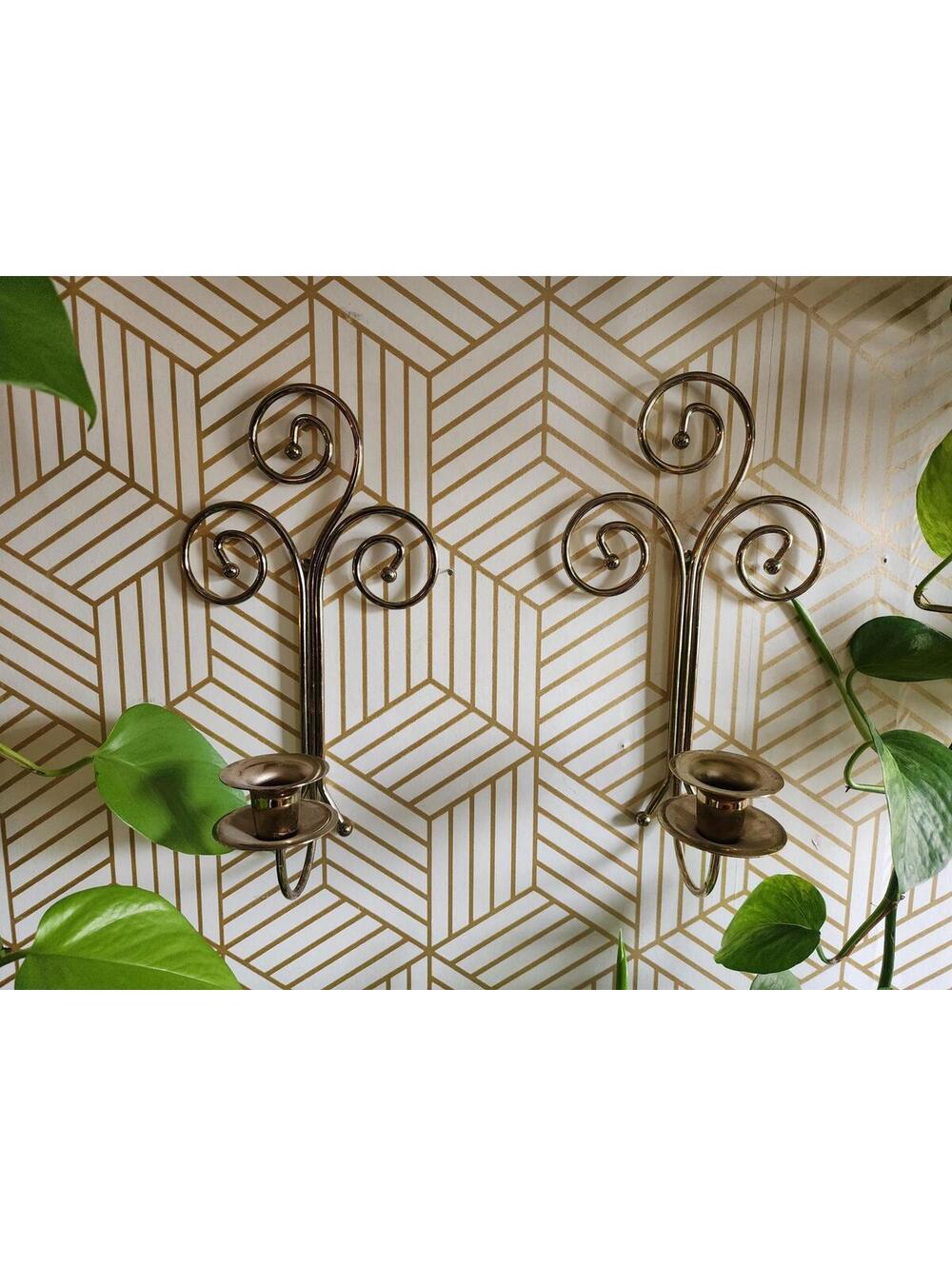 Vintage Pair Gold Brass Color Scroll Wall Candle Holders Sconces